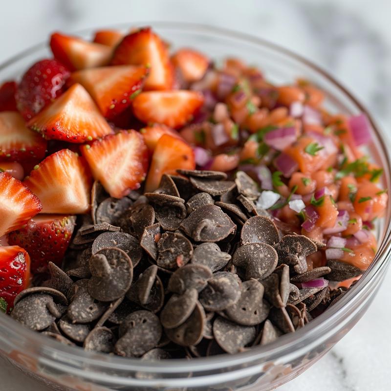 Close-up of strawberry salsa with chocolate chips on white marble.