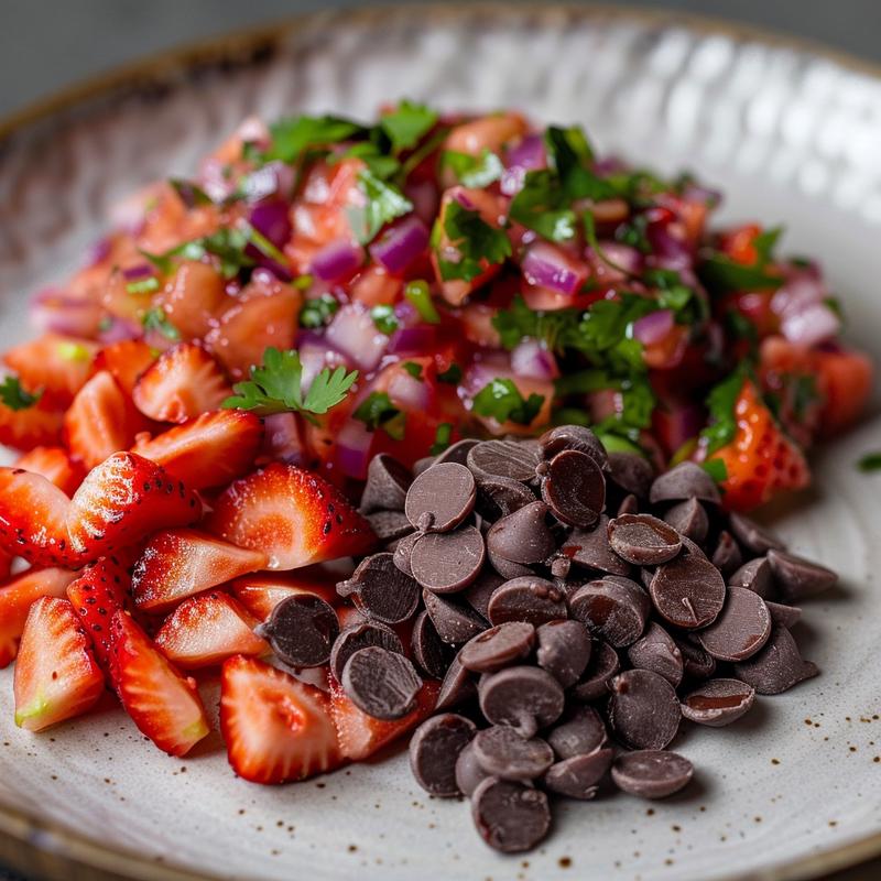Close-up of strawberry salsa with chocolate chips on a grey plate.
