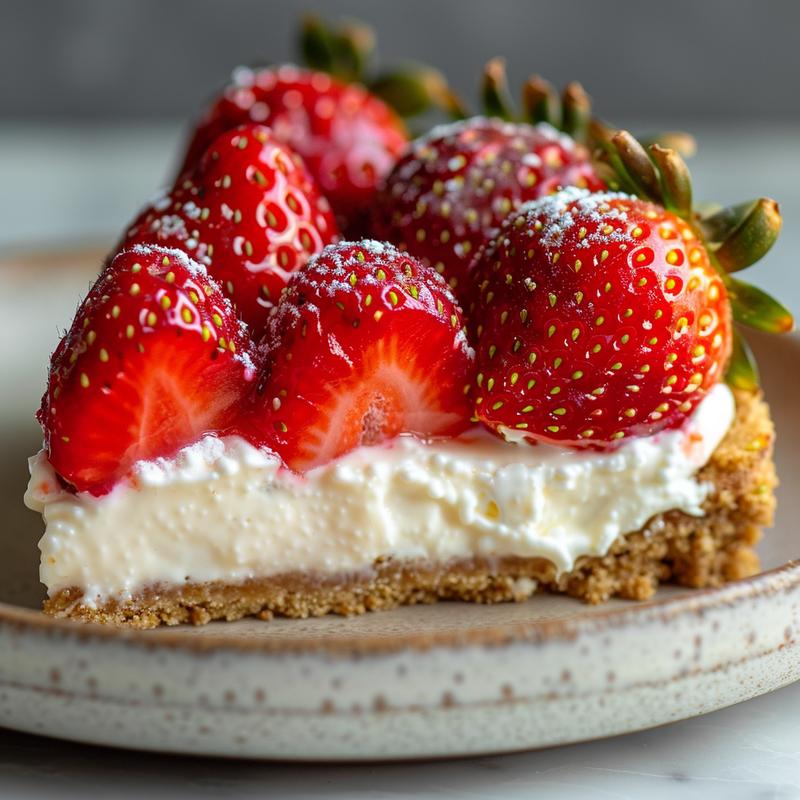 Close-up of cheesecake-stuffed strawberries on a white plate.
