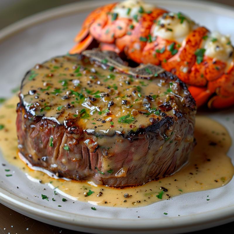Close-up of surf and turf with creamy garlic sauce.