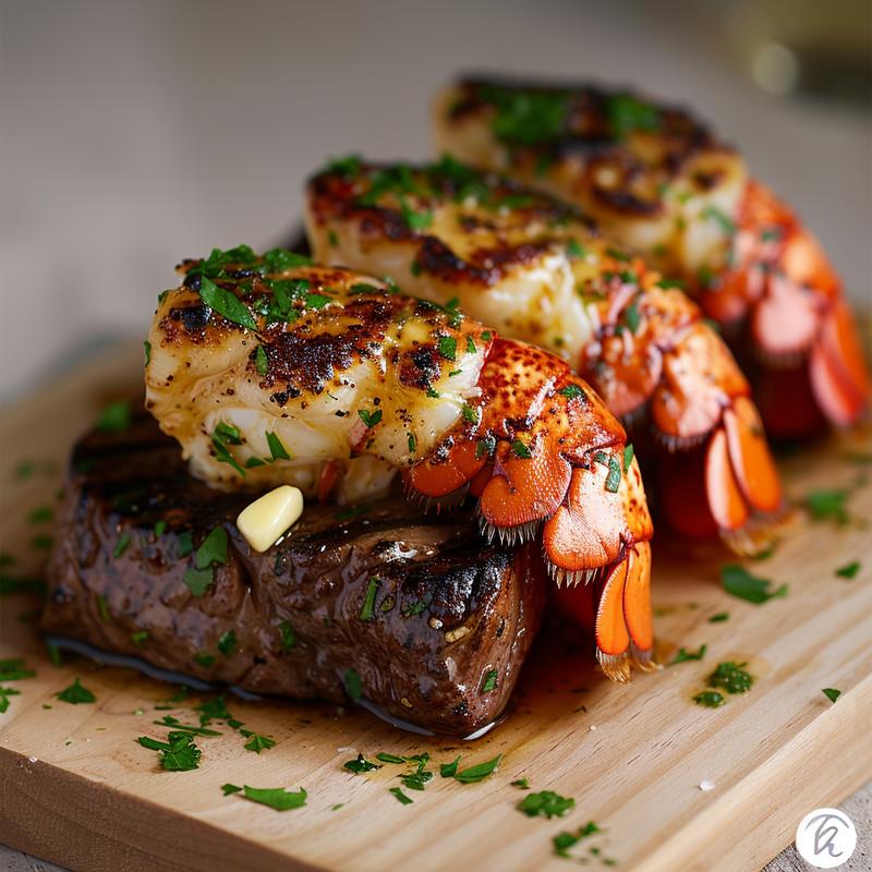 Close-up of surf and turf with lobster tails and steak on a wood board.