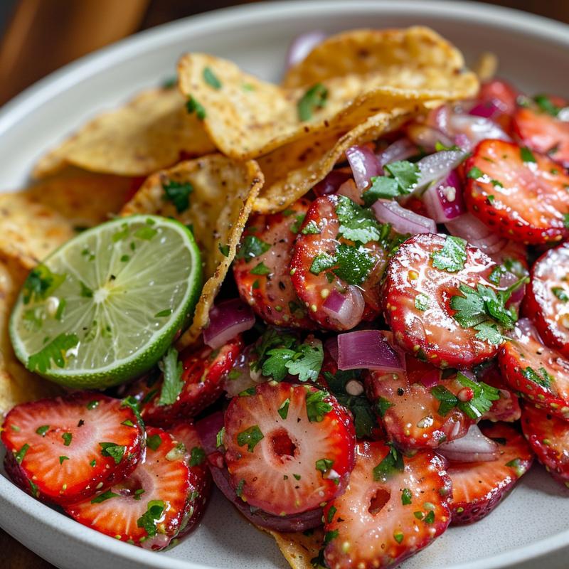 Close-up of vibrant strawberry salsa with chocolate chips on a light grey plate.