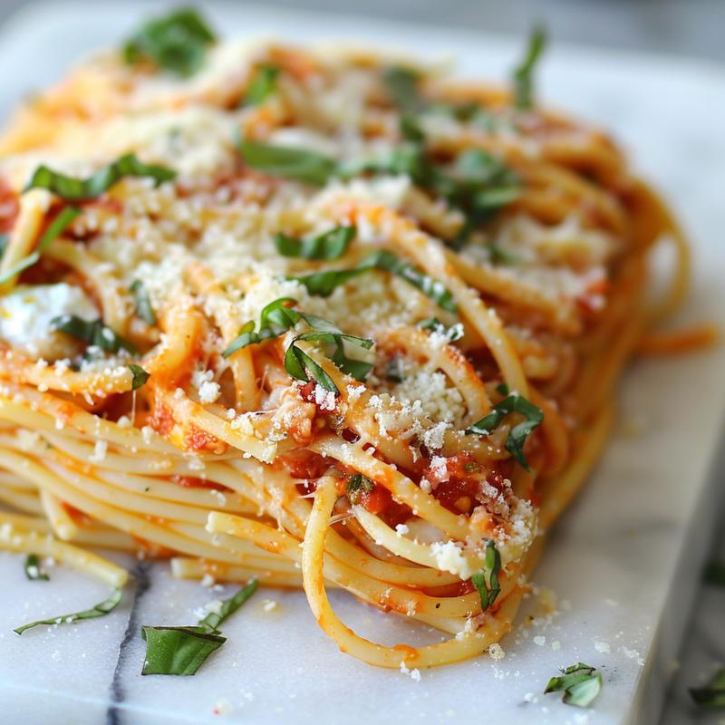 Close-up of baked spaghetti with ricotta, showcasing textures and ingredients.