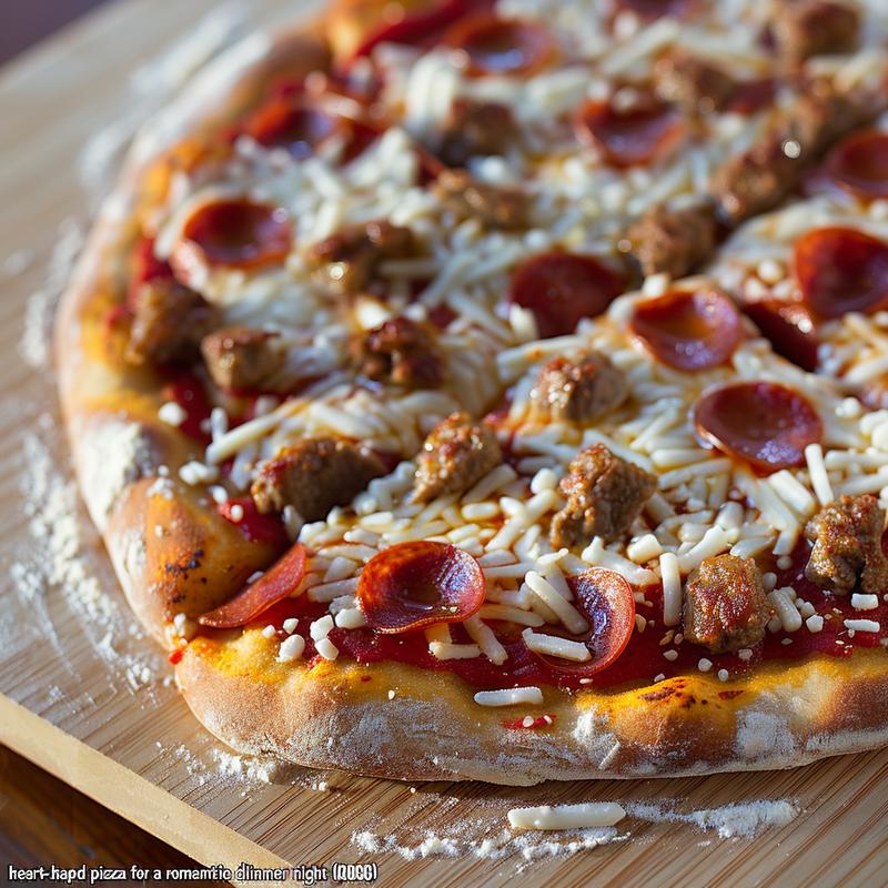 Close-up of a heart-shaped pizza with pepperoni, mushrooms, and olives on a wooden board.