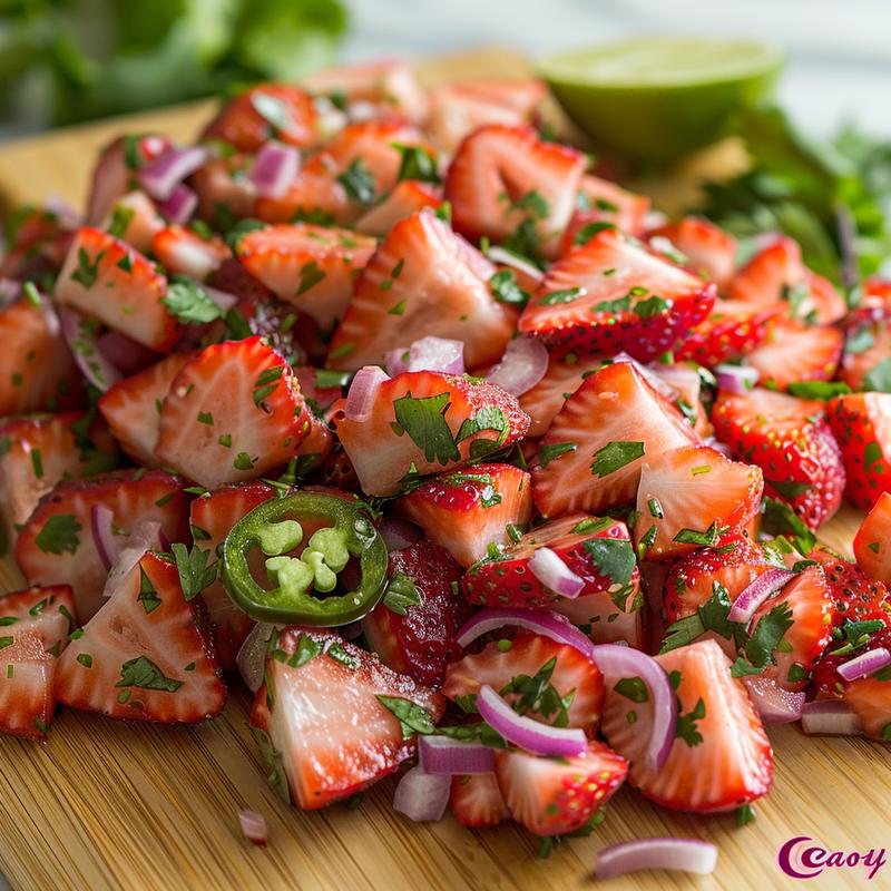 Close-up of vibrant strawberry salsa with visible ingredients.