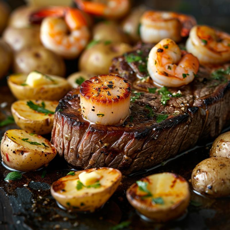 Close-up of surf and turf with scallops, shrimp, steak, and potatoes.