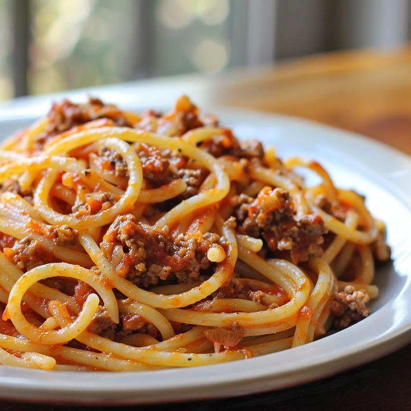 Close-up of baked spaghetti with visible ground beef and sauce.