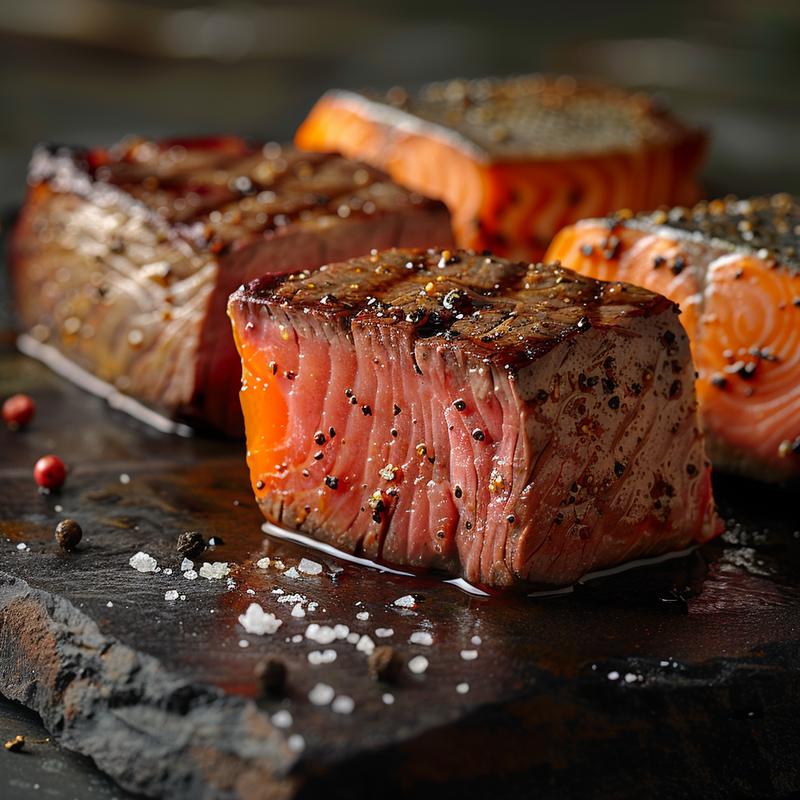 Close-up of steak and salmon on a dark surface.