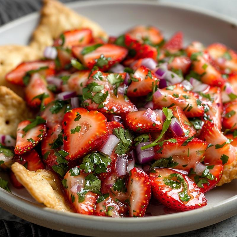 Close-up of strawberry salsa with pie crust chips on a light grey plate.
