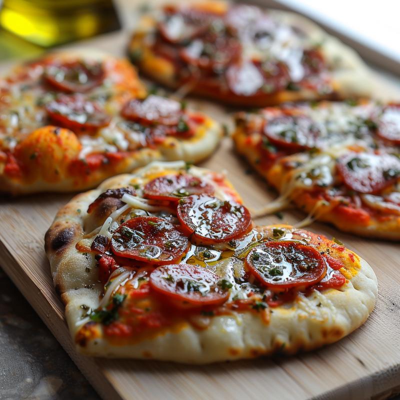 Close-up of mini heart-shaped pizzas on a light wooden board.