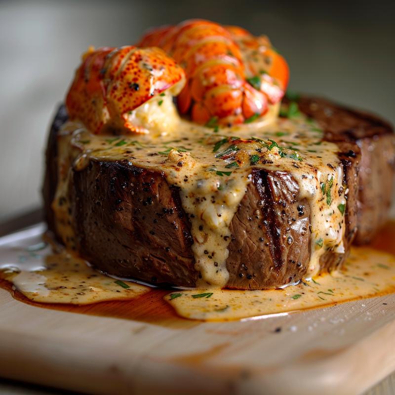 Close-up of surf and turf with creamy garlic sauce on a wooden board.