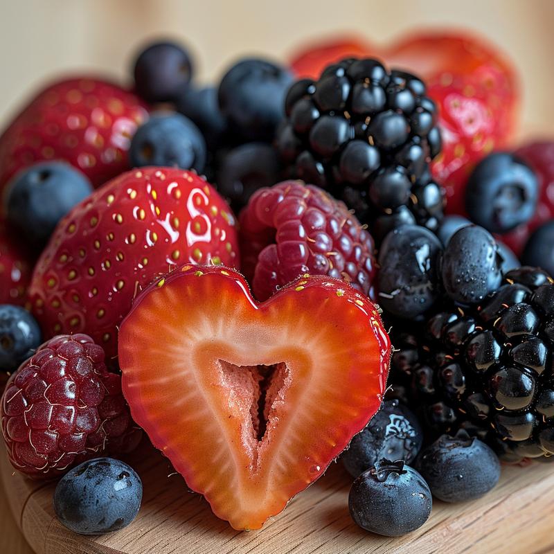 Heart-shaped box filled with colorful fresh berries on a wooden surface.