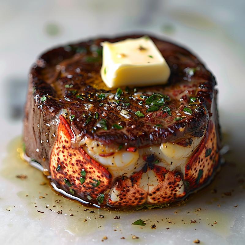 Close-up of surf and turf featuring filet mignon and lobster tail.