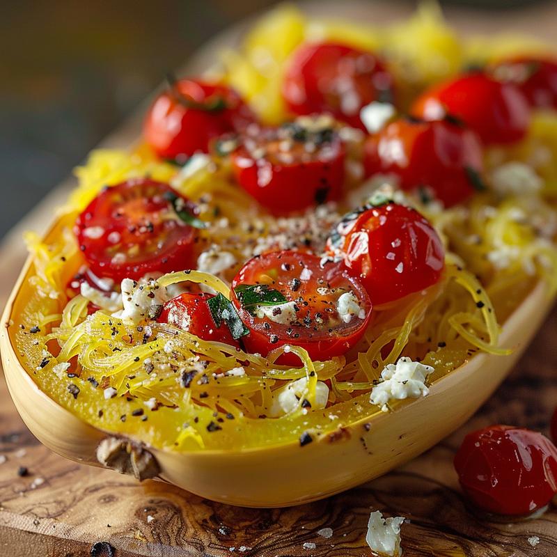 Close-up of baked feta and tomato on spaghetti squash.