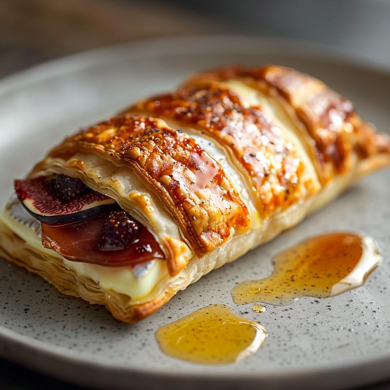 Close-up of baked brie in puff pastry on a grey plate.