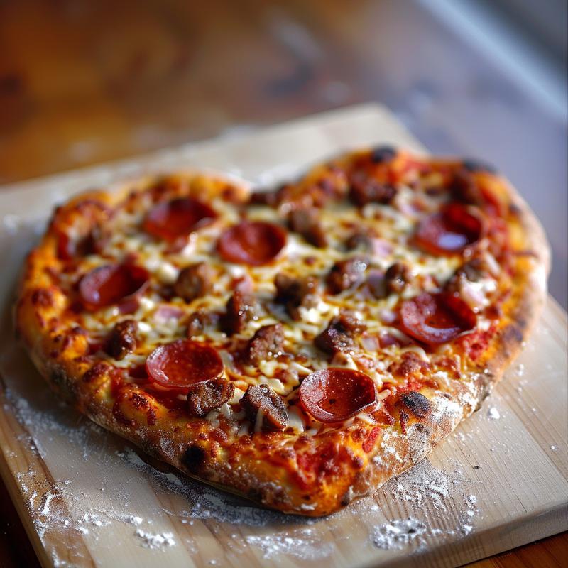 Heart-shaped pizza with pepperoni on a wood board.