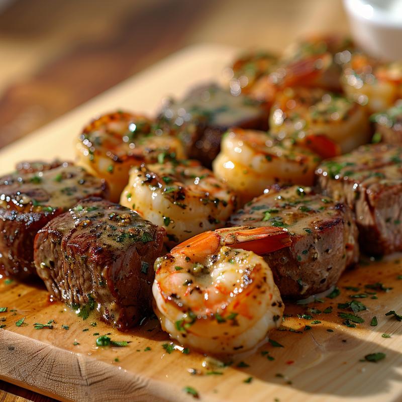 Close-up of surf and turf in creamy garlic sauce.