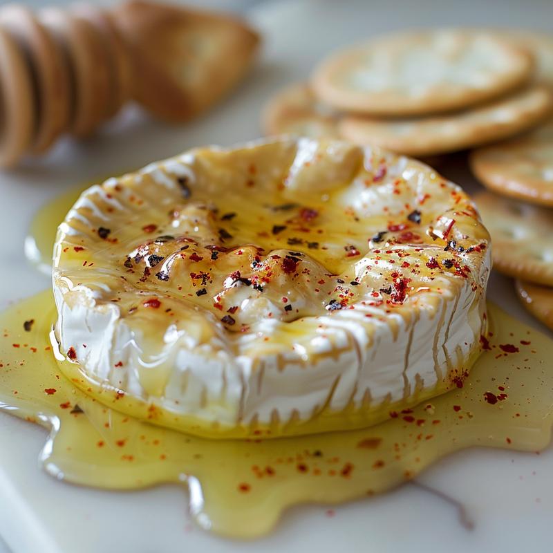 Close-up of baked brie on a marble board with visible honey, red pepper flakes, and crackers.