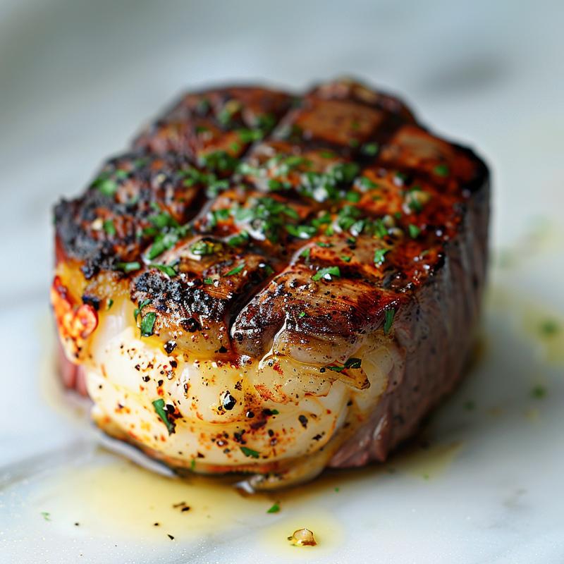 Close-up of perfectly cooked surf and turf on marble.
