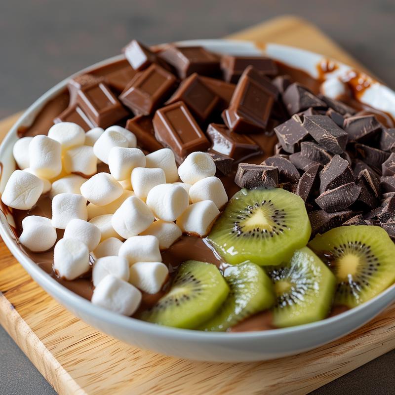 Close-up of chocolate fondue with fruit, marshmallows, on wood.