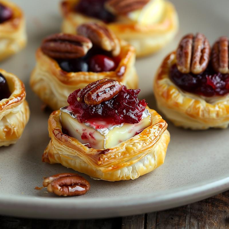 Close-up of baked brie bites with cranberry sauce and nuts on a grey plate.