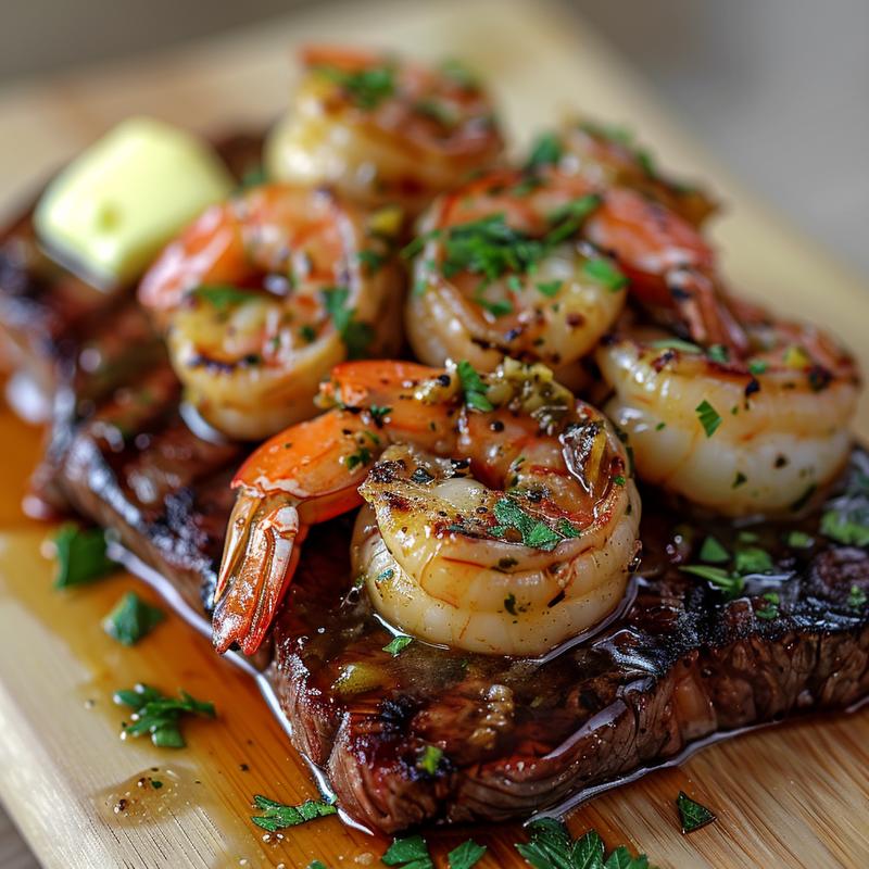 Close-up of garlic butter surf and turf with steak, shrimp, garlic, butter, and parsley on wood.