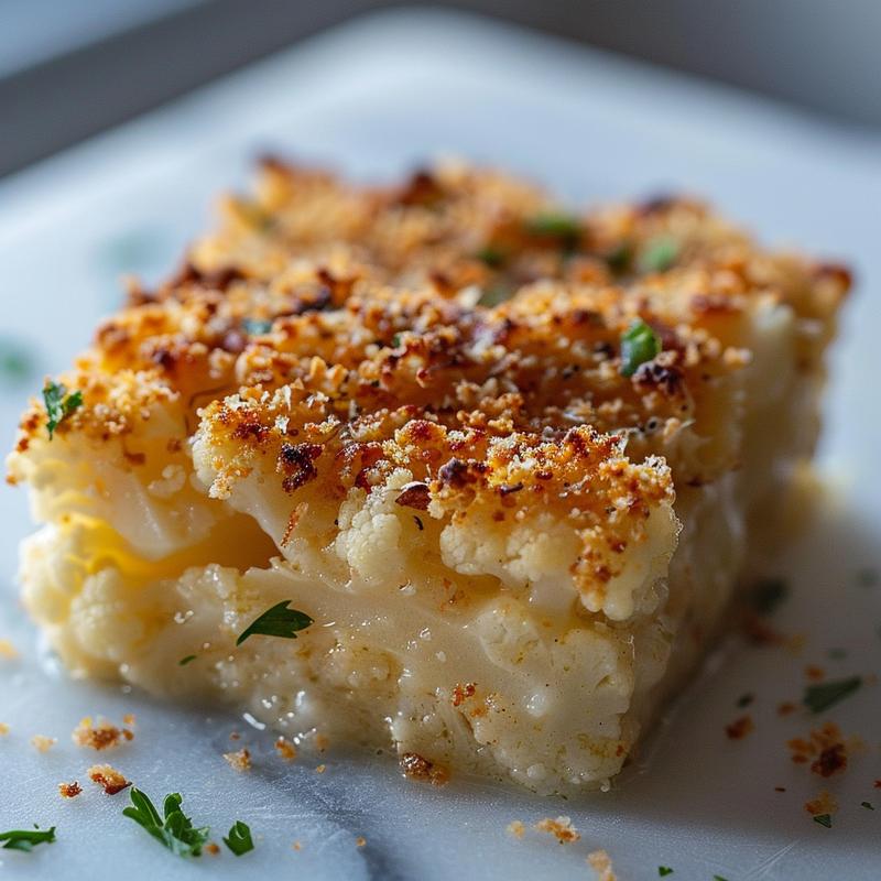 Close-up of a broccoli and cauliflower casserole showcasing its textures on a white marble surface.