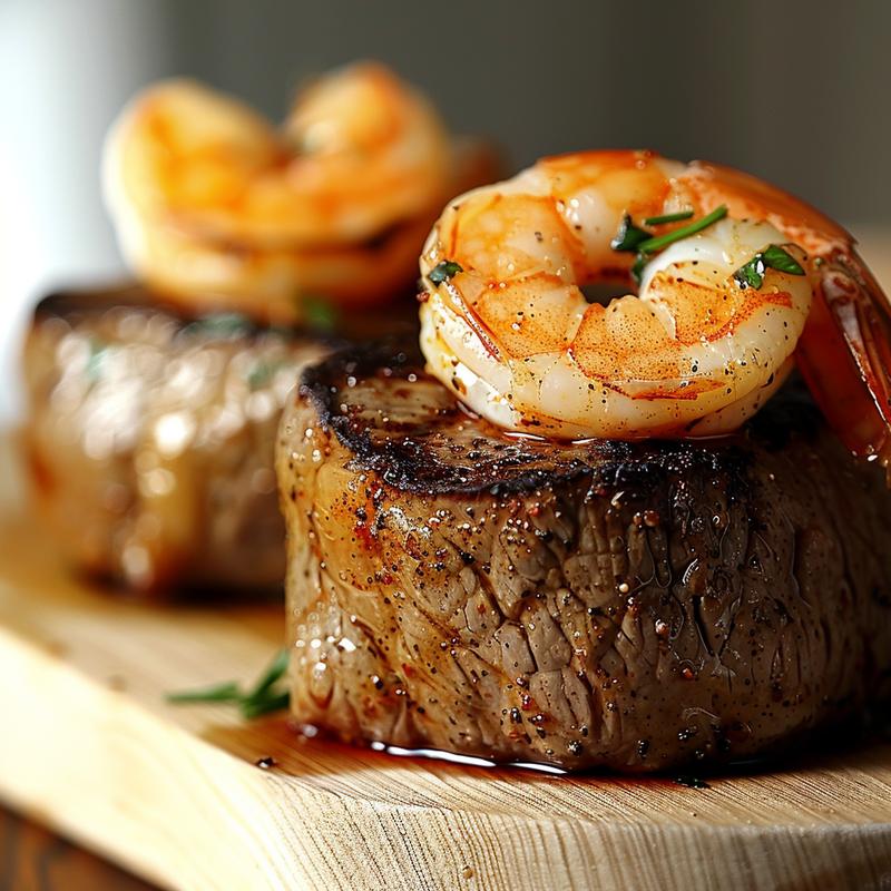 Close-up of air-fried steak and shrimp on a wooden board.