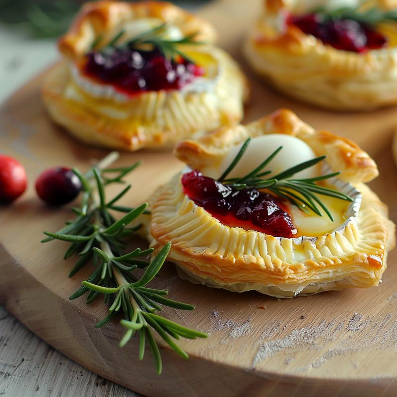 Close-up of small brie cheese Christmas trees on a wooden board.