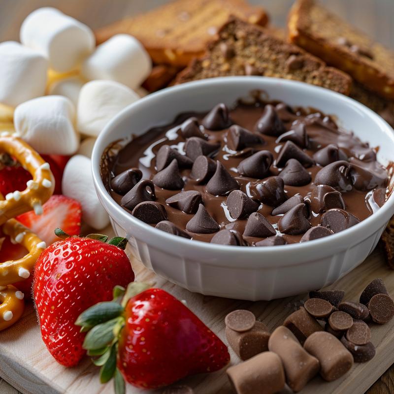 Close-up of chocolate fondue with dippers.