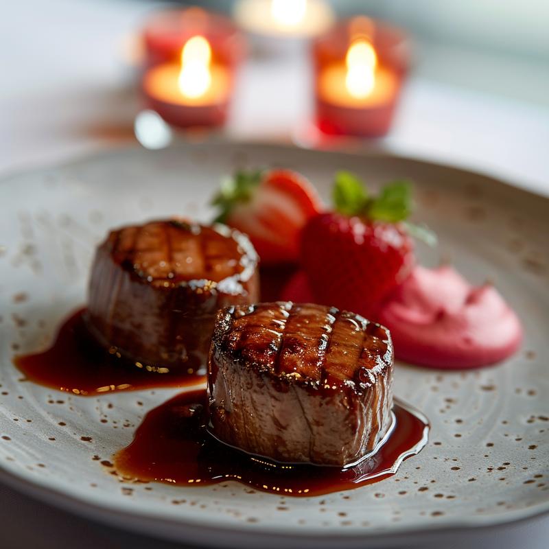 Close-up of a minimalist Valentine's table setting with red and white tablecloth, simple plate, and candles.