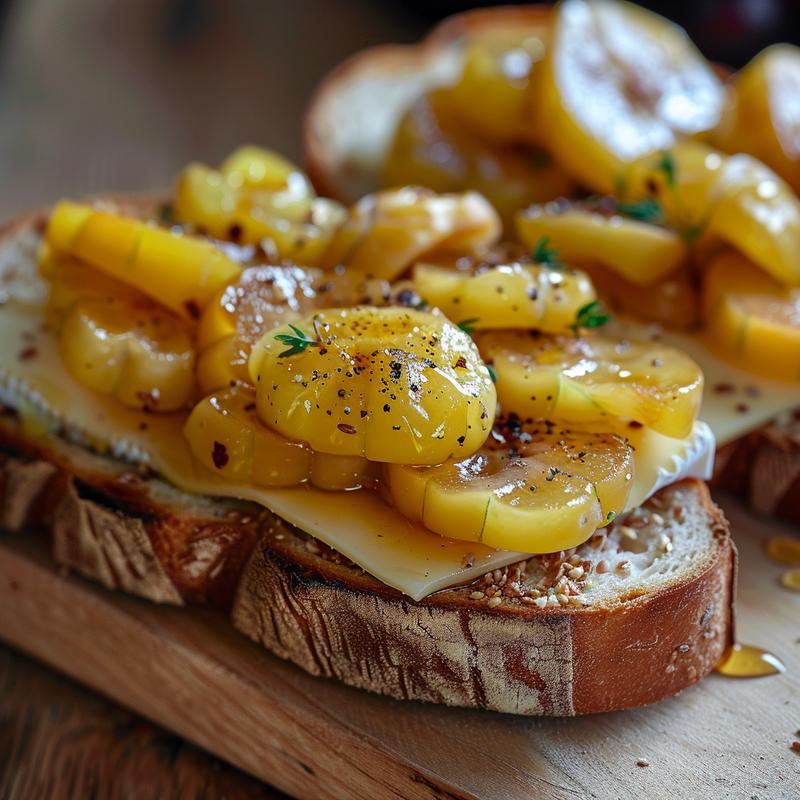 Close-up of a mirabelle and brie sandwich on a wooden board.