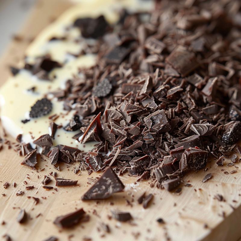 Close-up of truffle chocolate fondue on a light wood board.