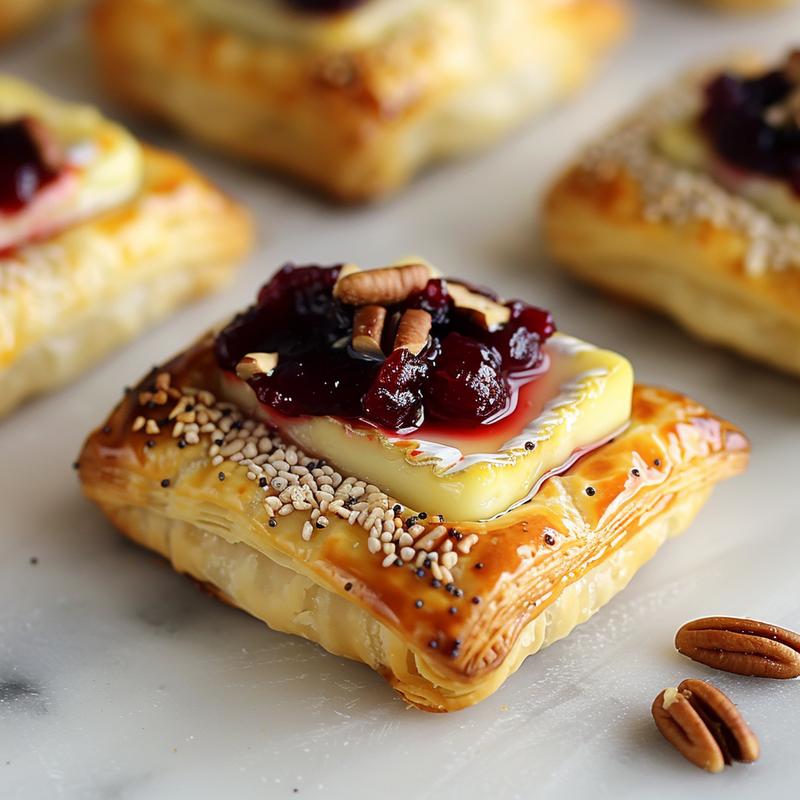 Close-up of golden puff pastry bites filled with melted brie and cranberry sauce on white marble.