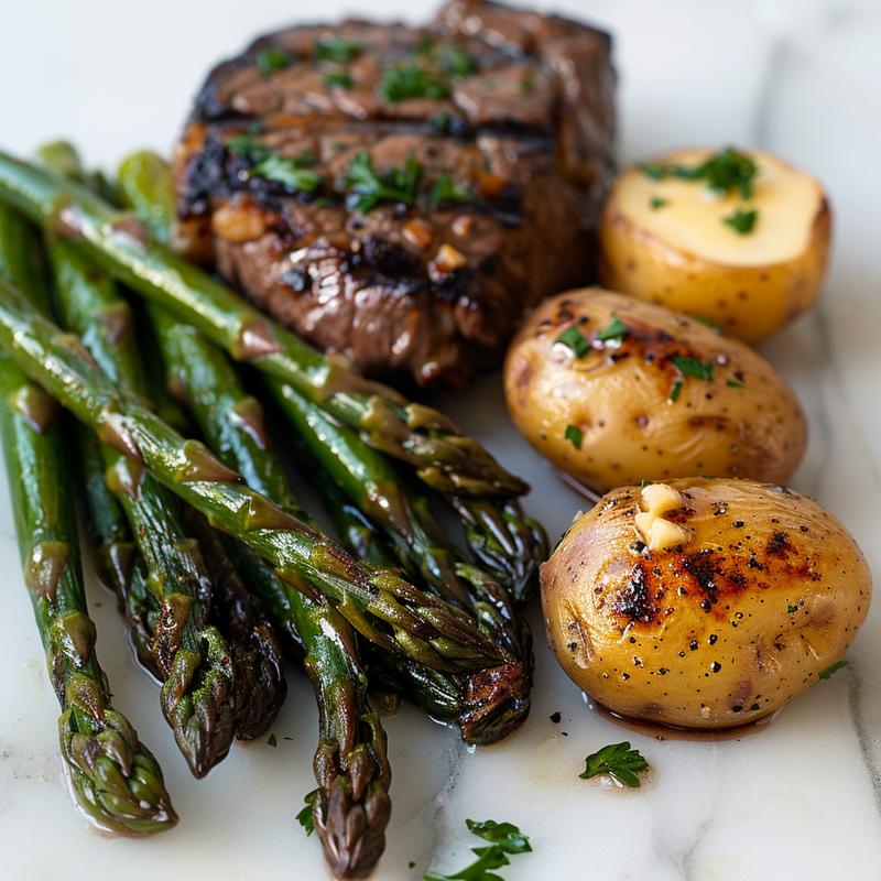 Close-up of steak, asparagus, and potatoes on white marble.
