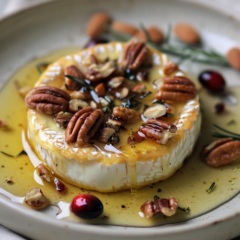 Close-up of microwaved brie topped with nuts and honey on a grey plate.