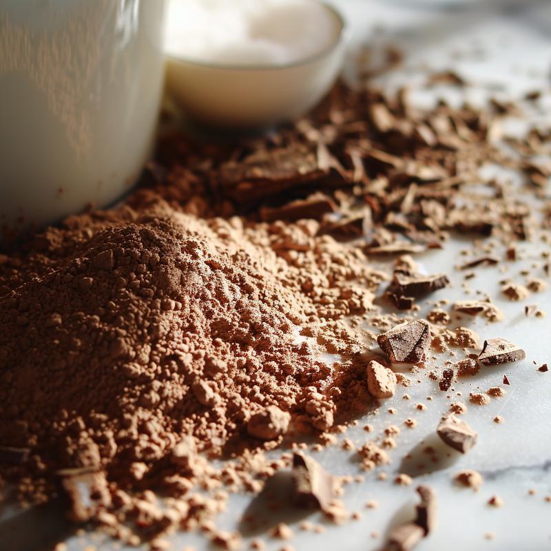 Close-up of rich, creamy homemade hot chocolate with visible ingredients on a white marble surface.
