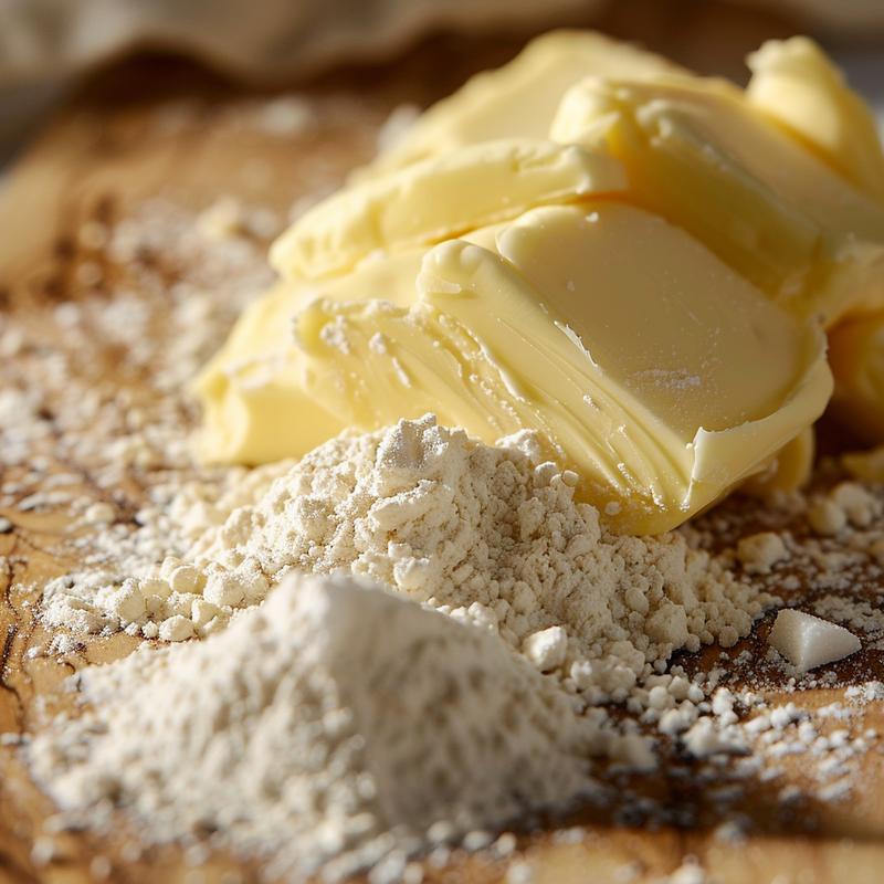 Close-up of baked goods ingredients on wood.