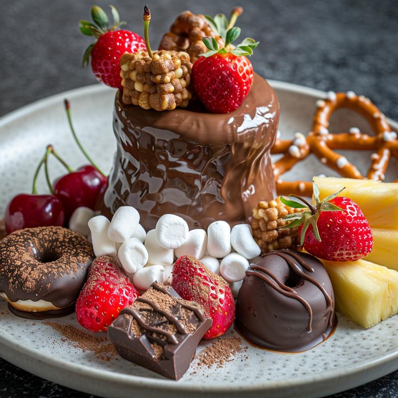 Close-up of chocolate fondue with a fountain and dippable sweets.