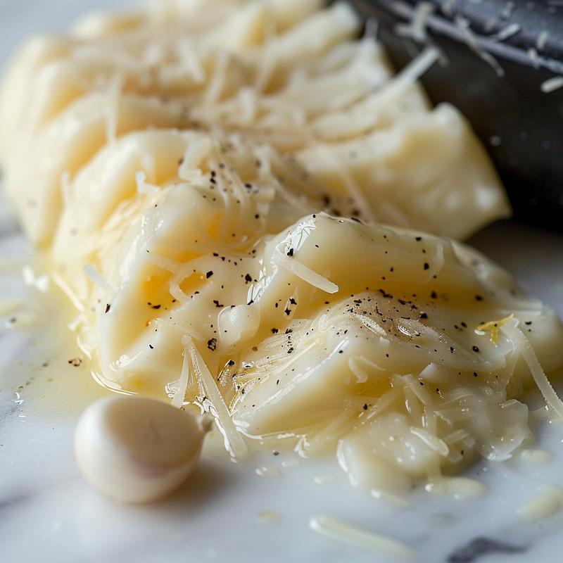 Close-up of cheese fondue ingredients: garlic, wine, lemon juice, Gruyere, and Emmentaler.