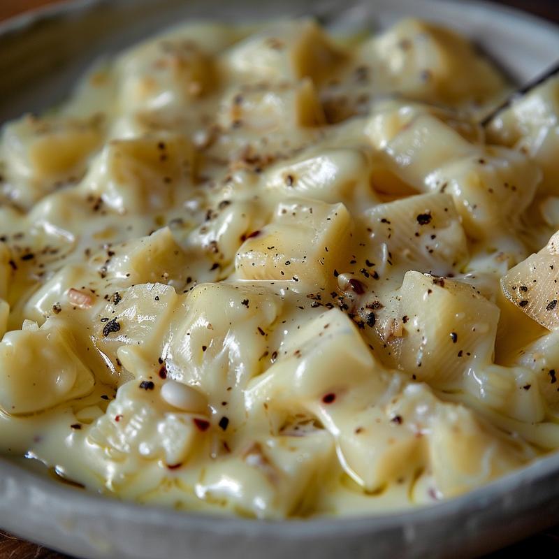 Close-up of cheese fondue with grated Gruyere and Emmental, garlic, and wine on a light gray plate.