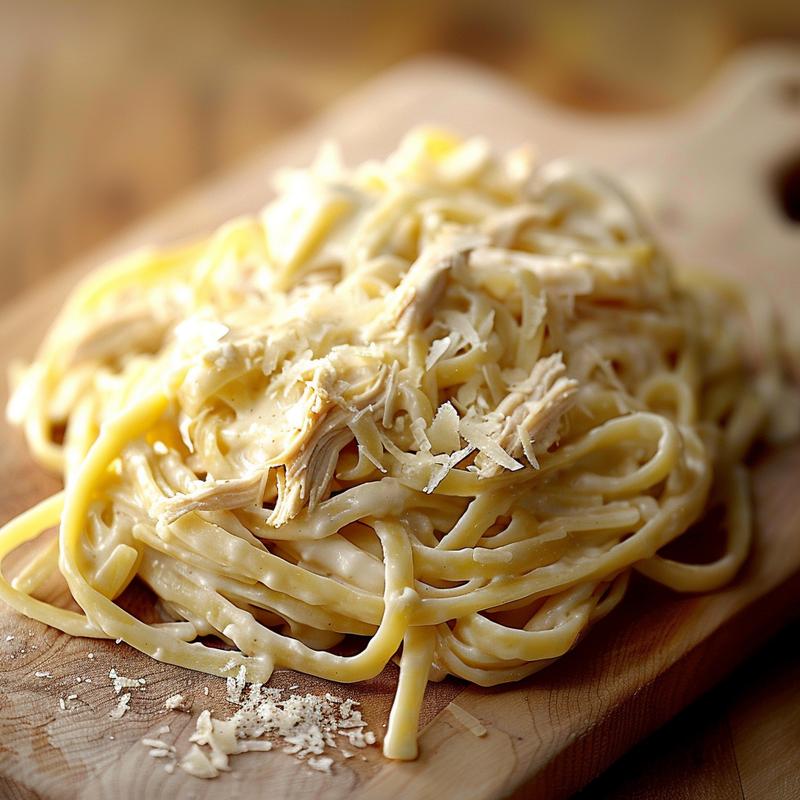 Close-up of creamy chicken Alfredo bake with visible pasta, chicken, and parmesan.
