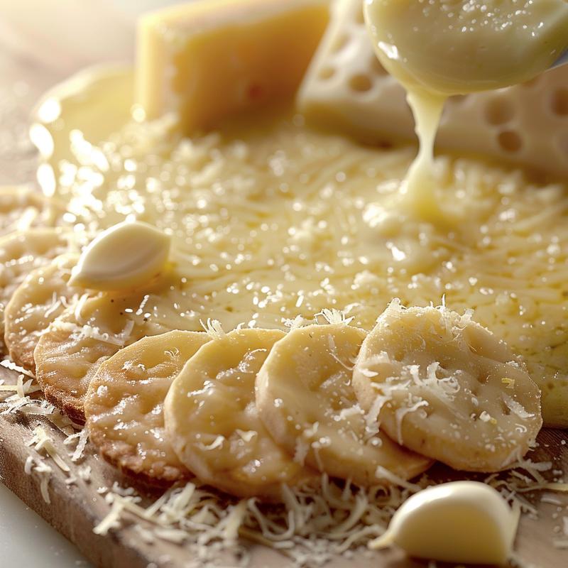 Close-up of cheese fondue with visible shredded Gruyere and Emmental, garlic, wine on wood.