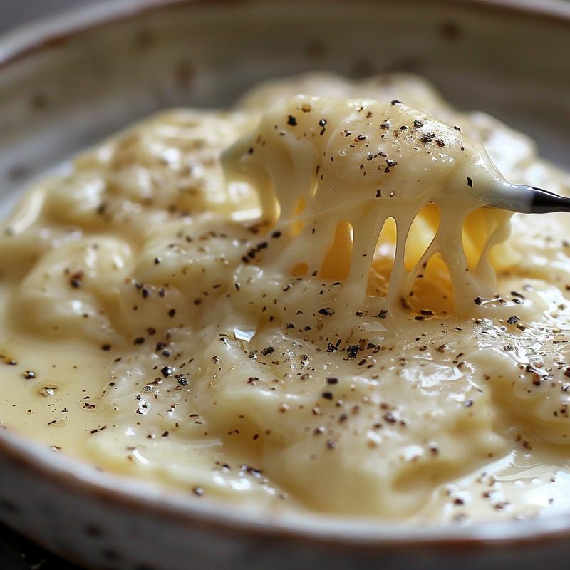 Close-up of Swiss cheese fondue on a light grey ceramic plate.