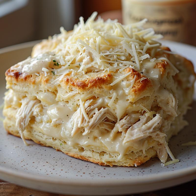 Close-up of creamy chicken alfredo biscuit bake on a light grey plate.