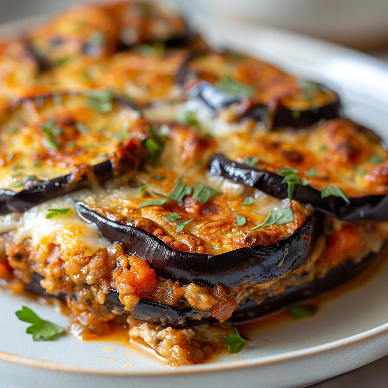 Close-up shot of a serving of zucchini casserole on a light grey ceramic plate.