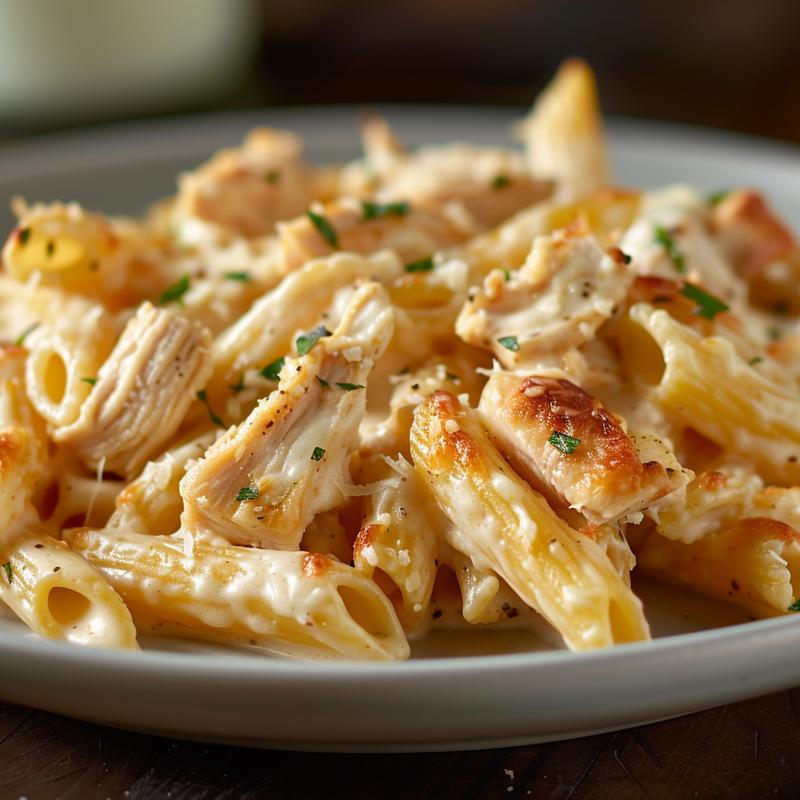 Close-up of creamy chicken alfredo casserole on a grey plate.