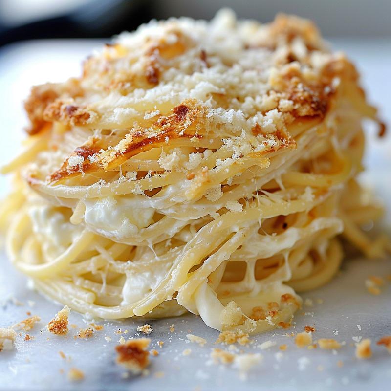 Close-up of baked cream cheese spaghetti on white marble.