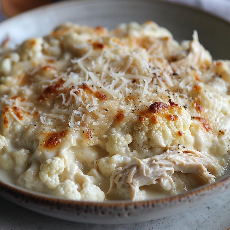 Close-up of creamy chicken alfredo casserole with visible chicken and cauliflower.