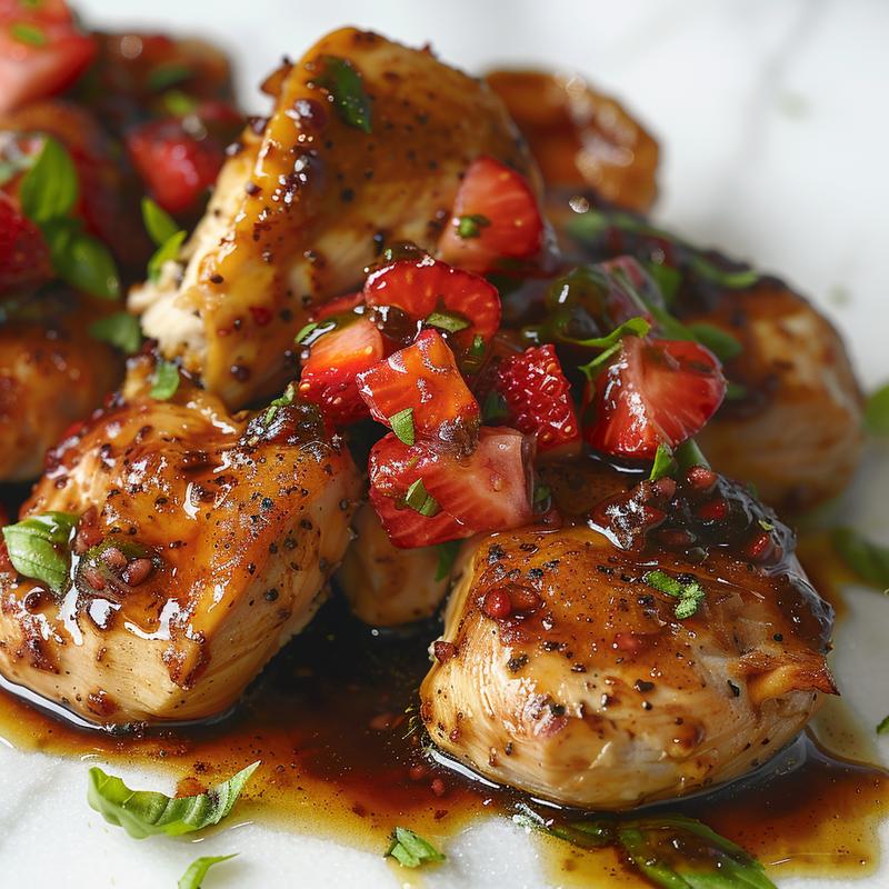 Close-up of balsamic chicken topped with strawberry basil relish.